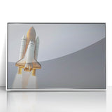 Framed acrylic print featuring a mid-century modernist spacecraft design in soft pastel shades, ideal for nursery wall art.