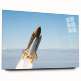 Large abstract wall art depicting a spacecraft, rendered in cool blue and metallic tones on acrylic glass.