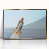 Mid-century modernist art deco spacecraft poster in gold frame, featuring muted gray and blue tones.
