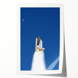 Spacecraft illustration in muted gray and white tones on a rolled canvas, ideal for modern dining room decor.
