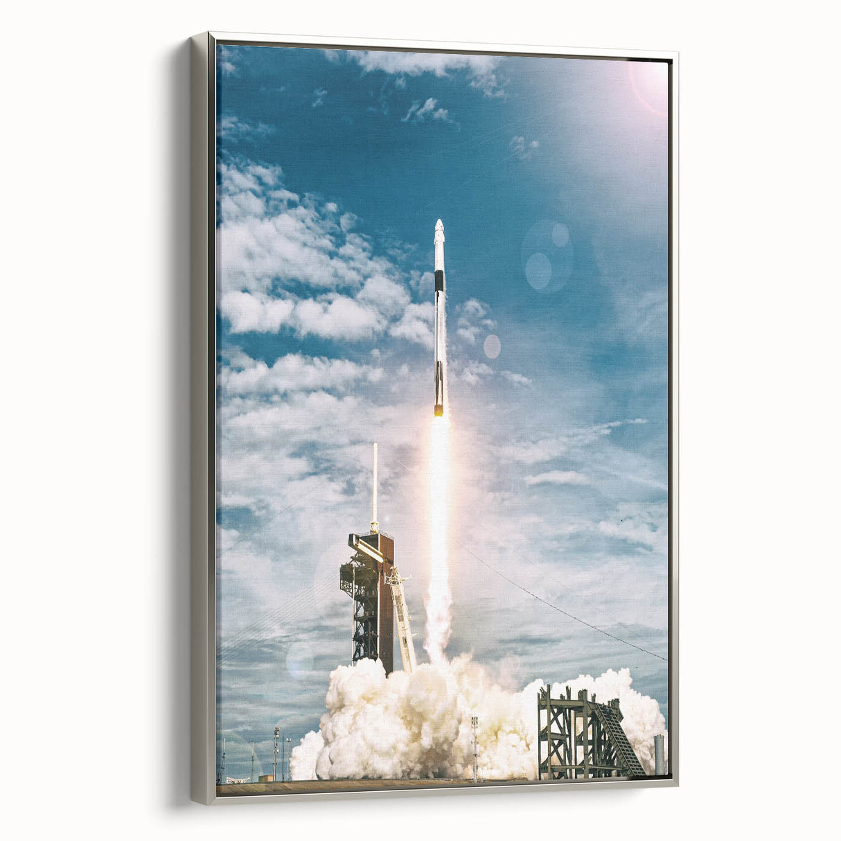 Vintage poster art of colorful spacecraft on black background, framed canvas, ideal for living room decor.