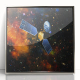 Art deco poster of a spacecraft in silver and gray tones on acrylic, framed, ideal for modern nursery wall decor.