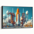 Black and white vintage poster art of a spacecraft, framed canvas, ideal for bedroom wall decor.