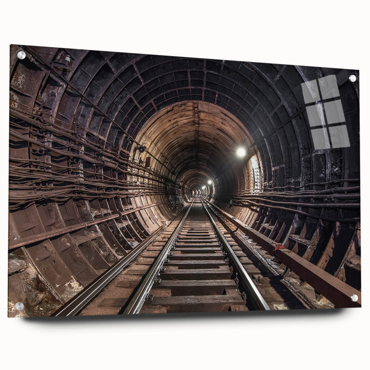 Acrylic print of a large abstract subway design in monochrome, ideal for modern dining room decor.