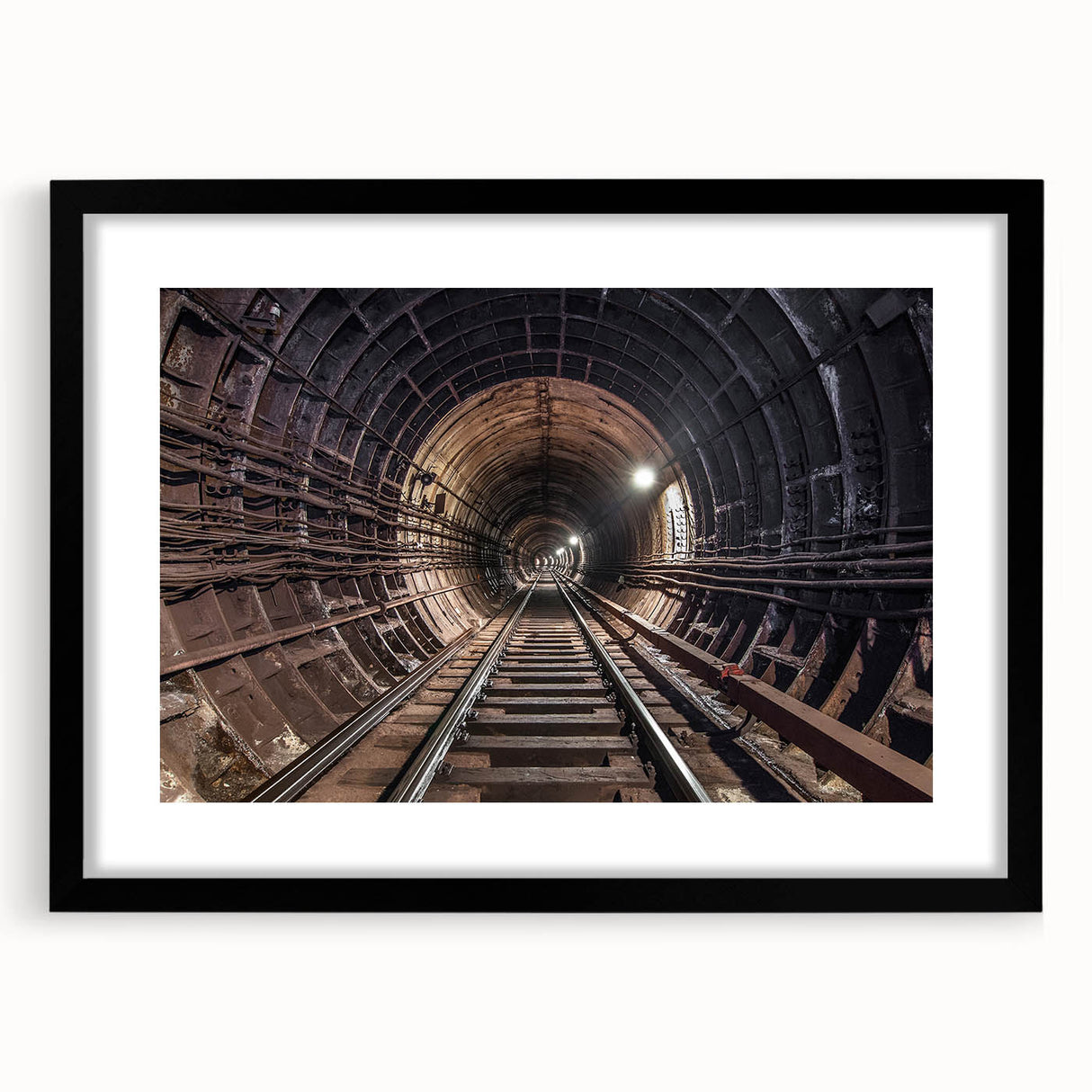 Abstract art print of a colorful, textured subway scene on a large black-framed canvas, ideal for living room decor.