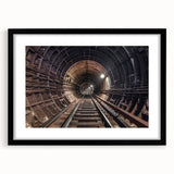 Abstract art print of a colorful, textured subway scene on a large black-framed canvas, ideal for living room decor.
