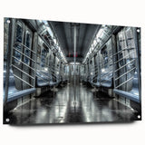 Acrylic print of a modern abstract subway design in cool blue and gray tones, ideal for dining room decor.