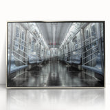 Mid-century modernist acrylic print of a subway, in muted silver tones, ideal for modern art wall decor.