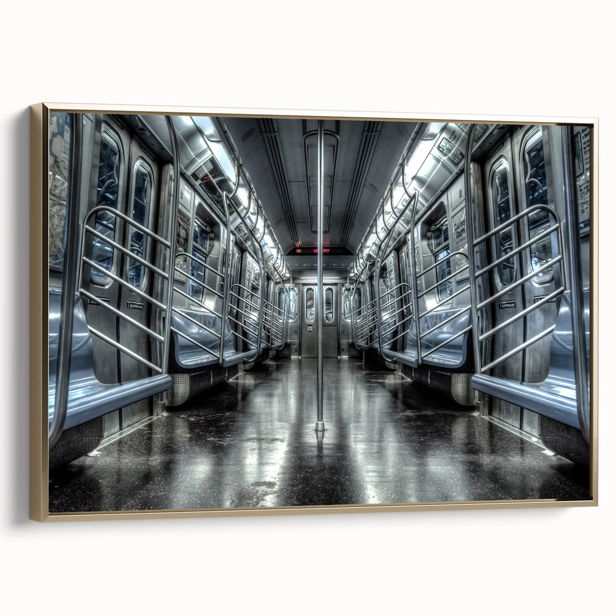 Framed canvas featuring a vintage subway poster design in black and gold, ideal for bedroom wall art.