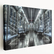 Subway train in motion depicted in vibrant blues and reds on a large stretched canvas, suitable for kitchen wall art.