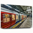Acrylic print of a large abstract subway design in cool blue and gray tones.
