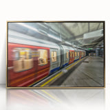 Mid-century modernist subway-themed acrylic print in gold frame, featuring muted earth tones.
