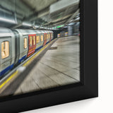Extra large framed canvas depicting a black subway train with vibrant, colorful graffiti, ideal for living room decor.