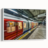 Framed canvas of a vintage poster featuring a colorful subway design, ideal for extra large living room wall art.