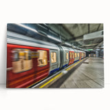 Black and white photo of a subway train on stretched canvas, ideal for kitchen wall art or bedroom decor.