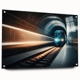 Large abstract wall art on acrylic glass depicting a subway scene in monochrome tones.