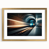 Extra large abstract art print of a subway scene in muted grays and blues, framed with a gold mat.