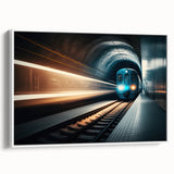 Vintage poster art of a subway train in grayscale on a framed canvas, suited for extra large living room decor.