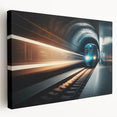Large art print of a subway train in muted gray and blue tones on stretched canvas, ideal for kitchen wall art.