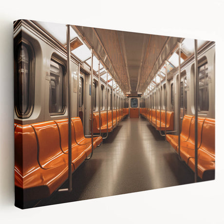 Subway train in motion depicted in muted gray and blue tones on a stretched canvas, suitable for kitchen wall art.