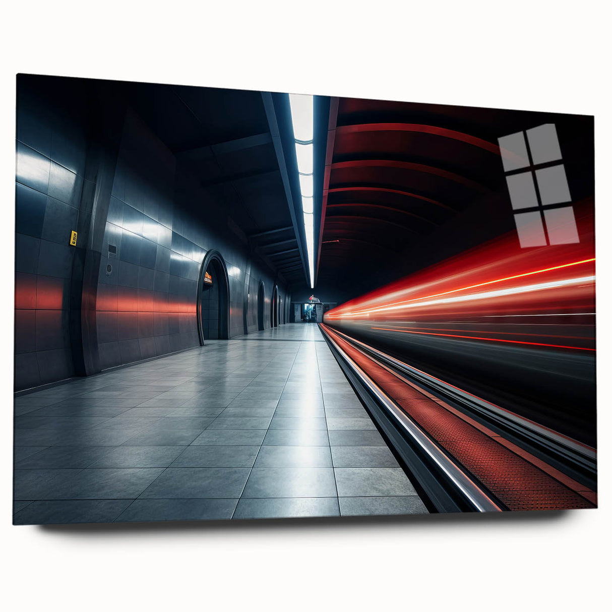 Side view of a large abstract art print on acrylic glass, featuring a colorful subway theme.