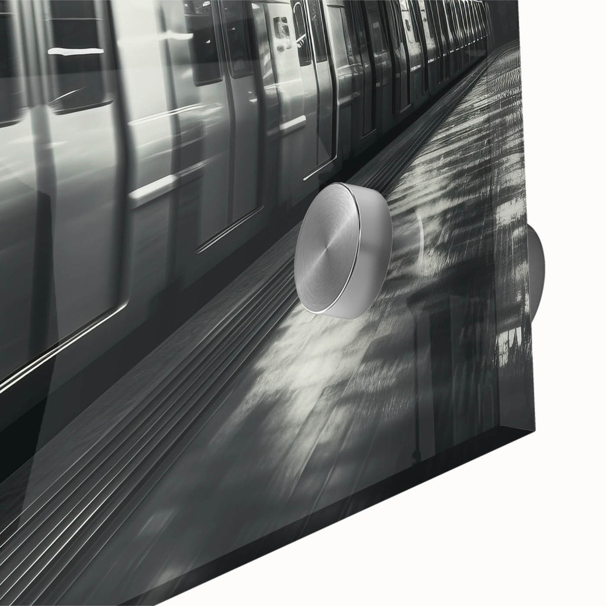 Mid-century modernist acrylic print of an abstract subway, in muted blues and greys, ideal for dining room art.