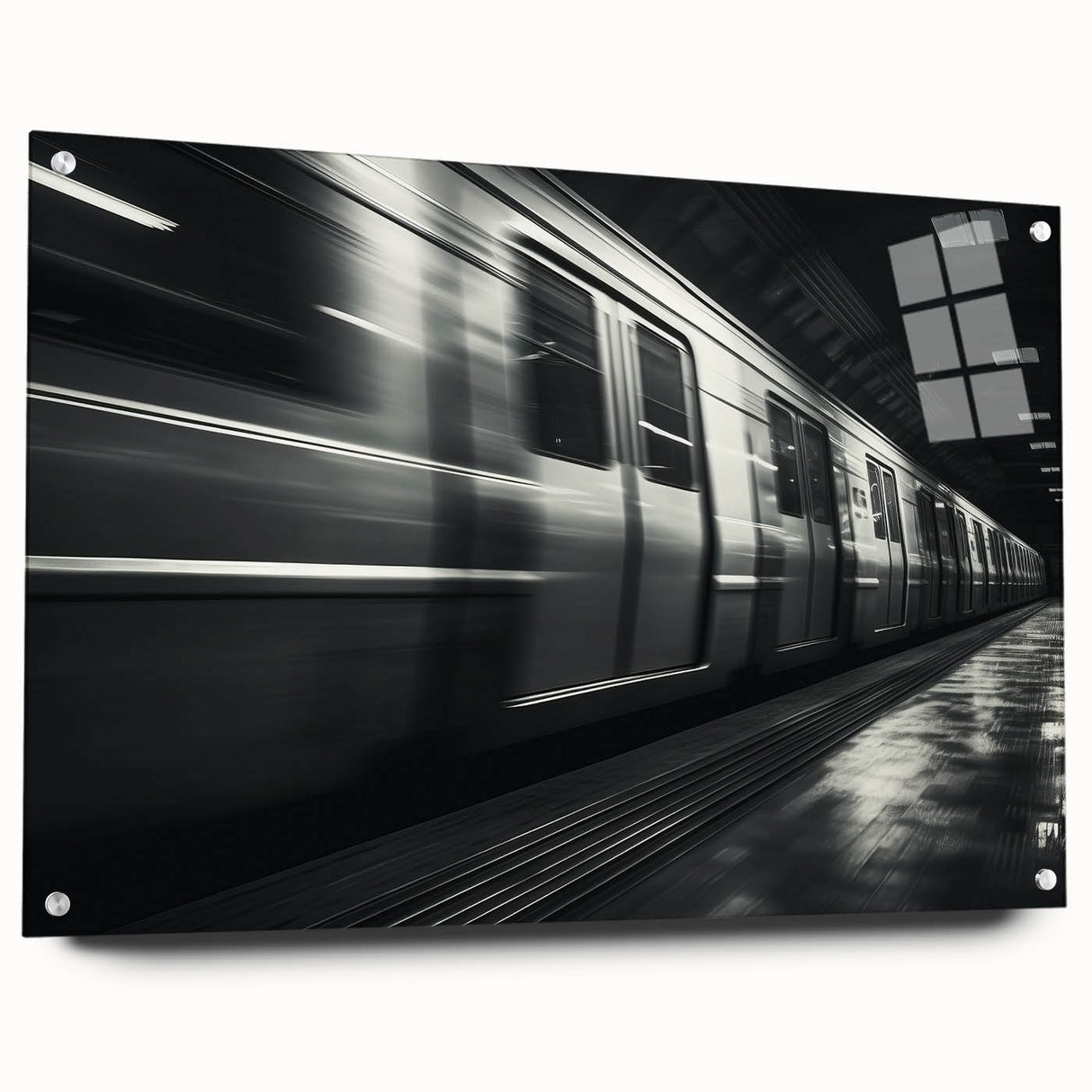 Side view of a large abstract subway-themed acrylic print in monochrome, ideal for modern dining room decor.