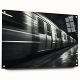 Side view of a large abstract subway-themed acrylic print in monochrome, ideal for modern dining room decor.
