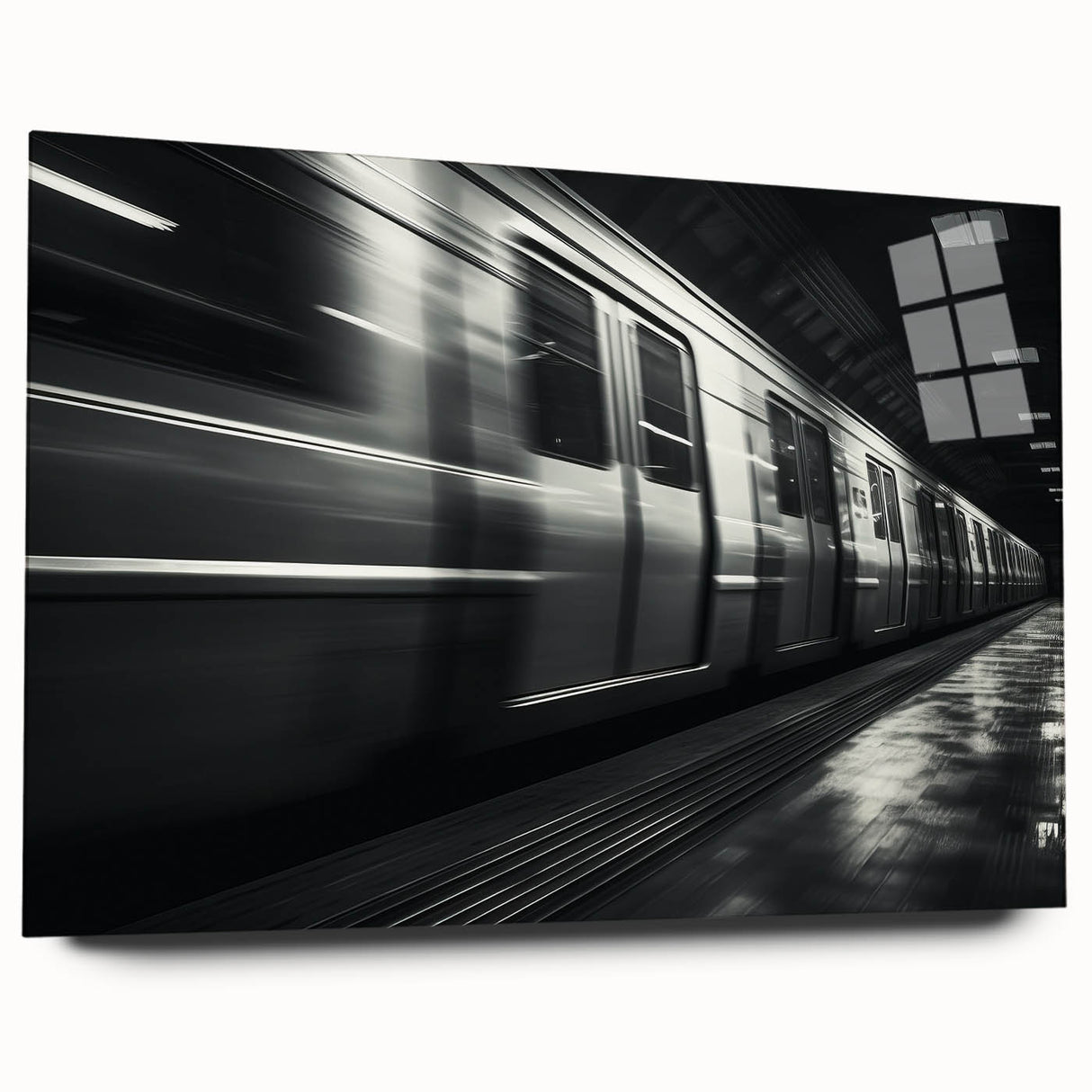 Side view of a large abstract subway-themed acrylic print in cool blue and gray tones.