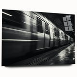 Side view of a large abstract subway-themed acrylic print in cool blue and gray tones.