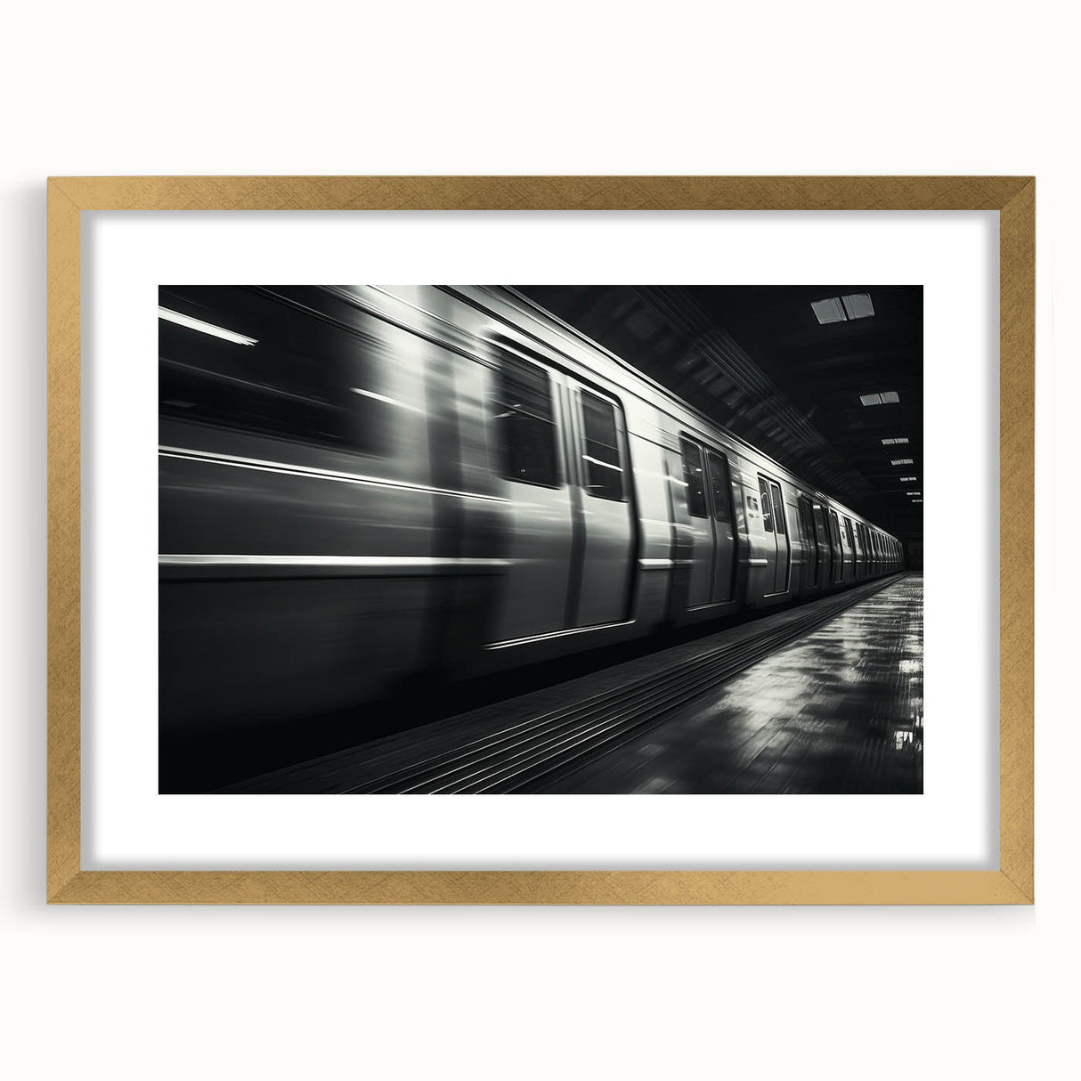 Extra large abstract art print of a subway station in muted gray and blue tones on a framed canvas.