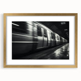 Extra large abstract art print of a subway station in muted gray and blue tones on a framed canvas.