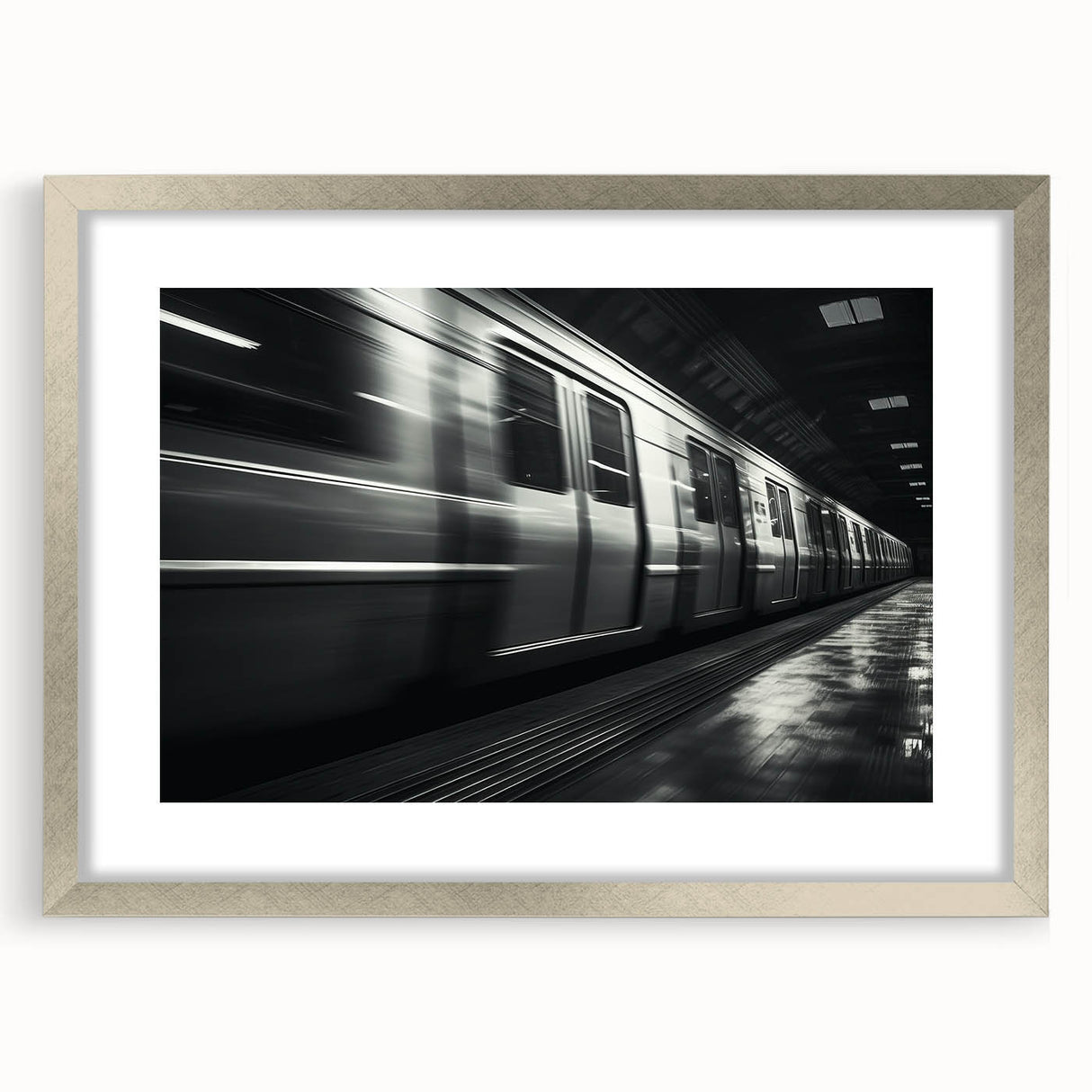 Textured abstract art print of a subway in muted grays and blues, framed in silver, ideal for modern bedroom decor.