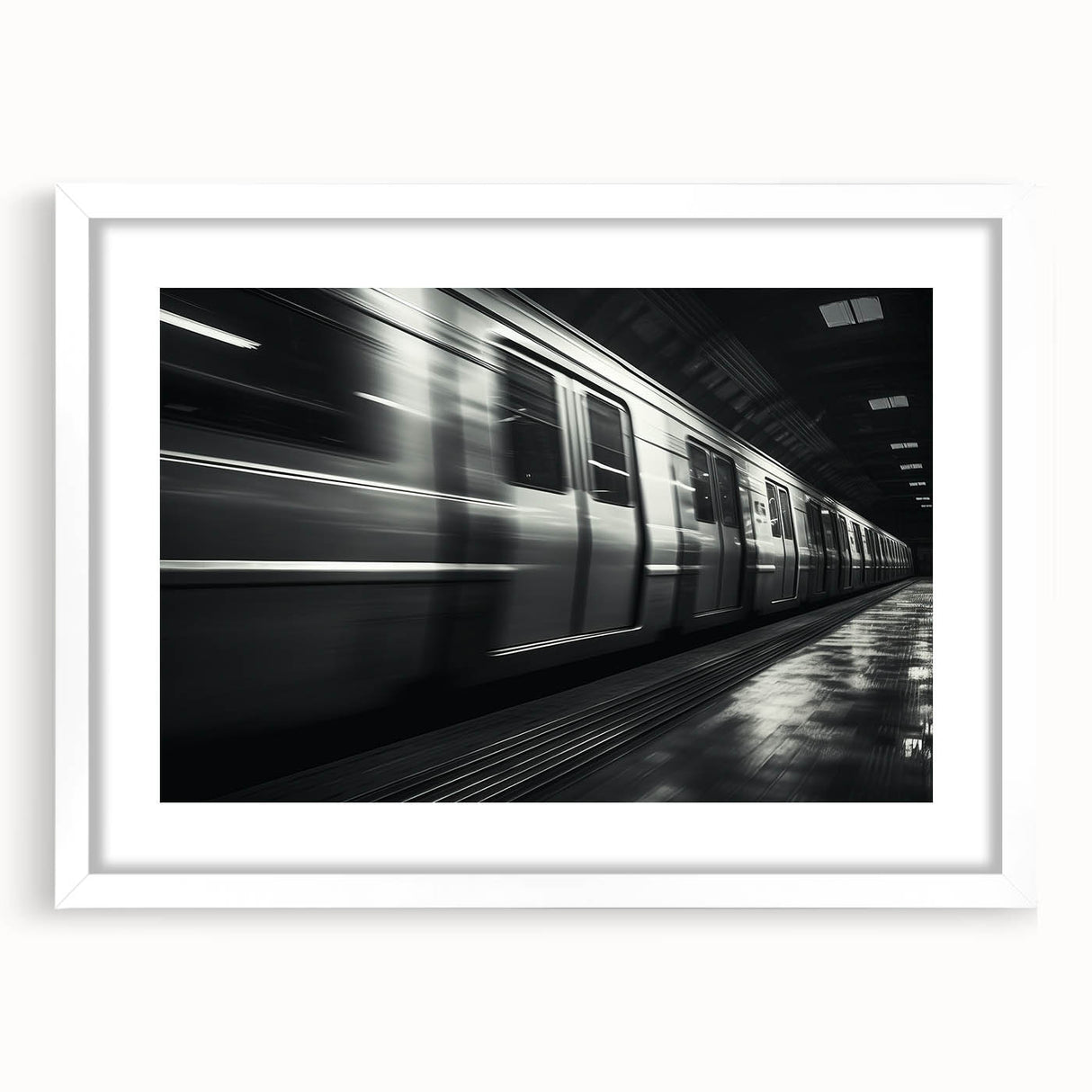Abstract art print of a subway in muted gray and blue tones, framed with a white mat, suitable for dining room decor.