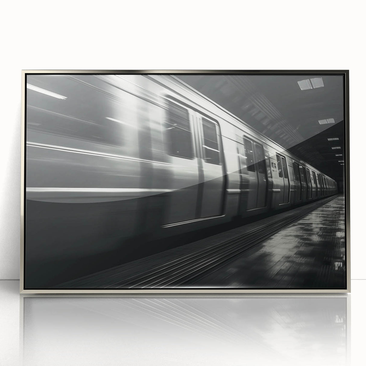 Mid-century modernist art deco subway design in silver frame, ideal for nursery wall art.