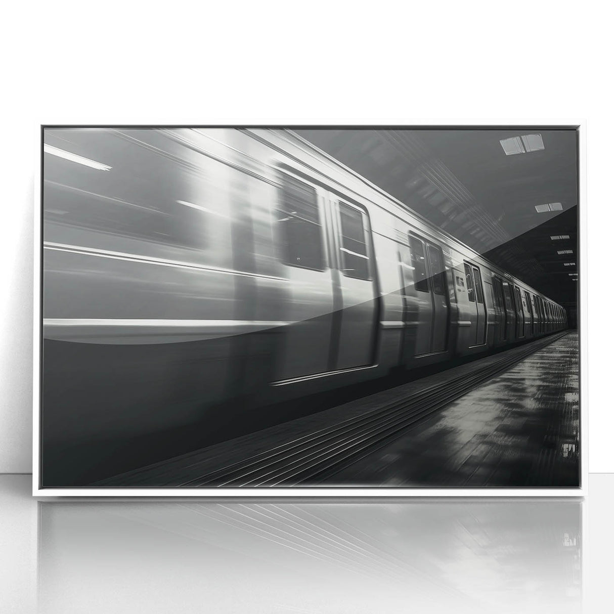Art deco style subway poster in muted gray and blue tones, framed acrylic print, suitable for modern nursery wall decor.