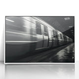 Art deco style subway poster in muted gray and blue tones, framed acrylic print, suitable for modern nursery wall decor.