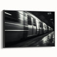 Black and white vintage poster art of a subway in landscape format, framed canvas, ideal for bedroom wall decor.