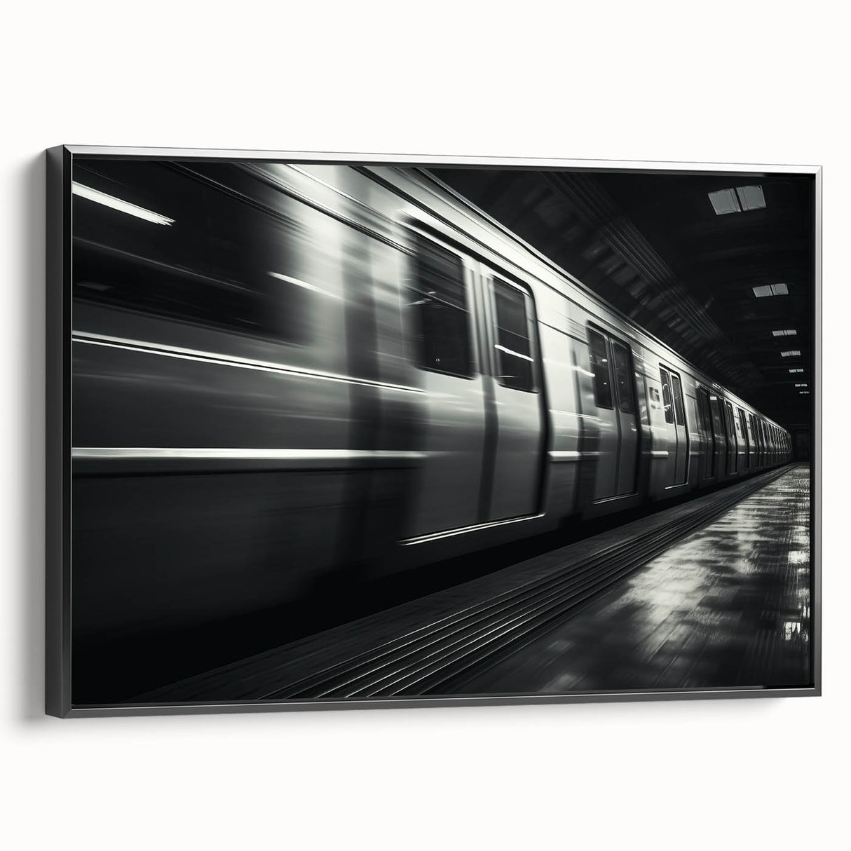 Black and white vintage poster art of a subway in landscape format, framed canvas, ideal for bedroom wall decor.