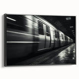 Black and white vintage poster art of a subway in landscape format, framed canvas, ideal for bedroom wall decor.