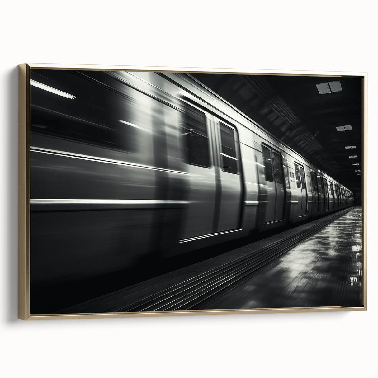 Framed canvas featuring a vintage poster of a black subway train on a landscape background, ideal for bedroom wall art.