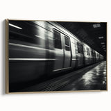 Framed canvas featuring a vintage poster of a black subway train on a landscape background, ideal for bedroom wall art.