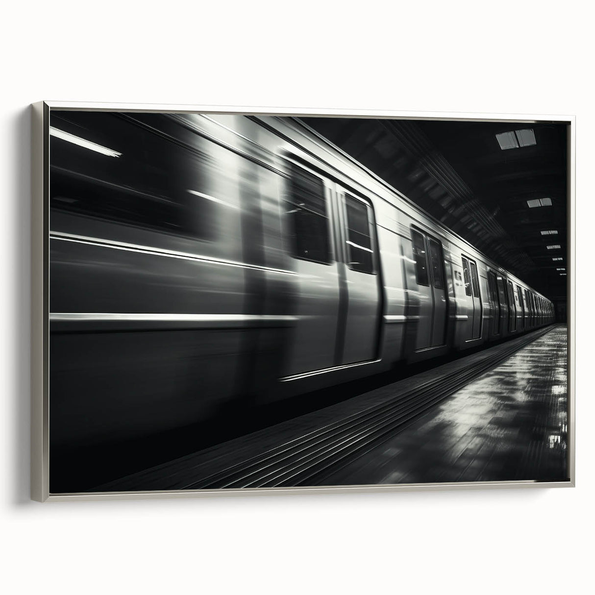 Framed canvas featuring a vintage poster of a colorful subway landscape in silver, black, and vibrant hues.