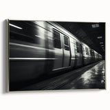 Framed canvas featuring a vintage poster of a colorful subway landscape in silver, black, and vibrant hues.