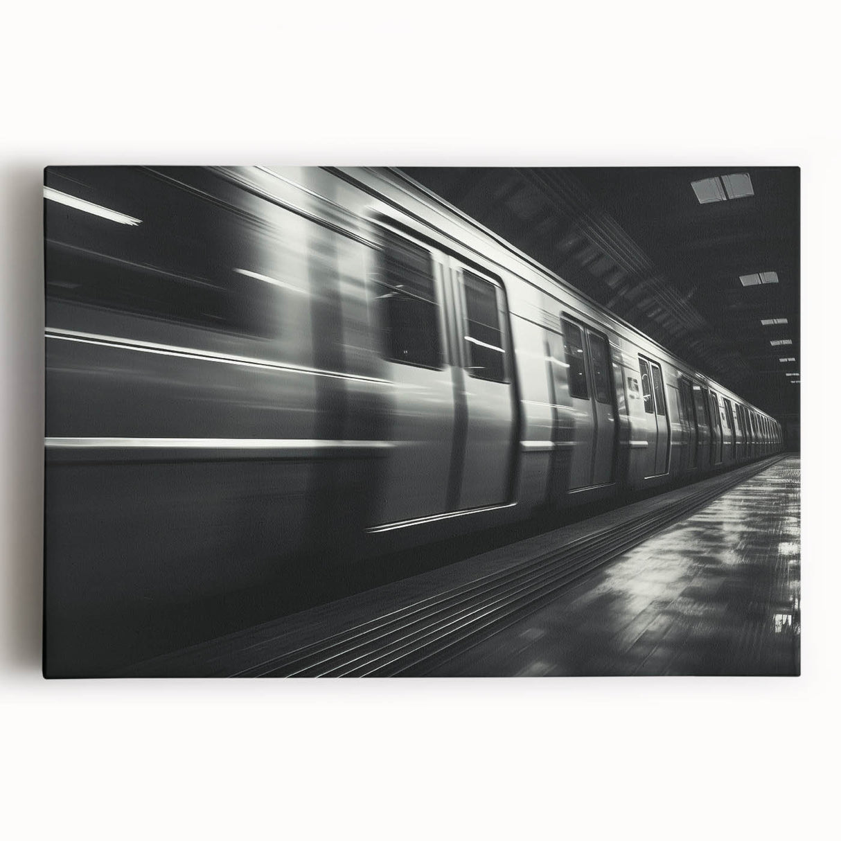 Large black and white stretched canvas depicting a bustling subway scene, suitable for kitchen wall art.