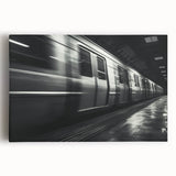 Large black and white stretched canvas depicting a bustling subway scene, suitable for kitchen wall art.