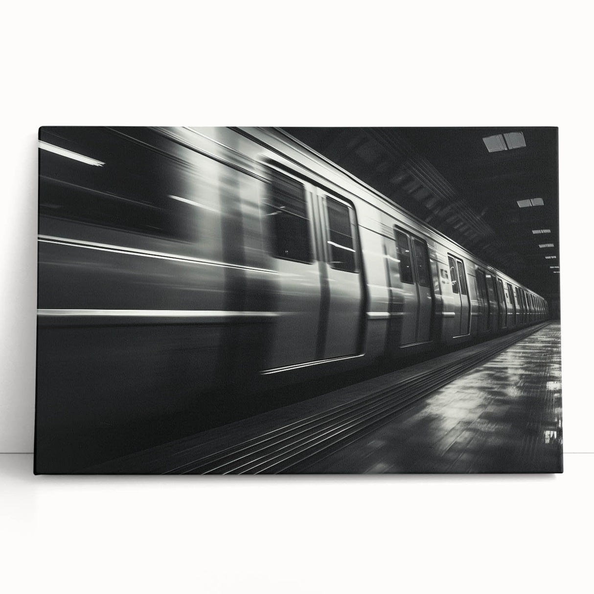 Black and white photograph of a subway train on stretched canvas, suitable for kitchen wall art or bedroom decor.