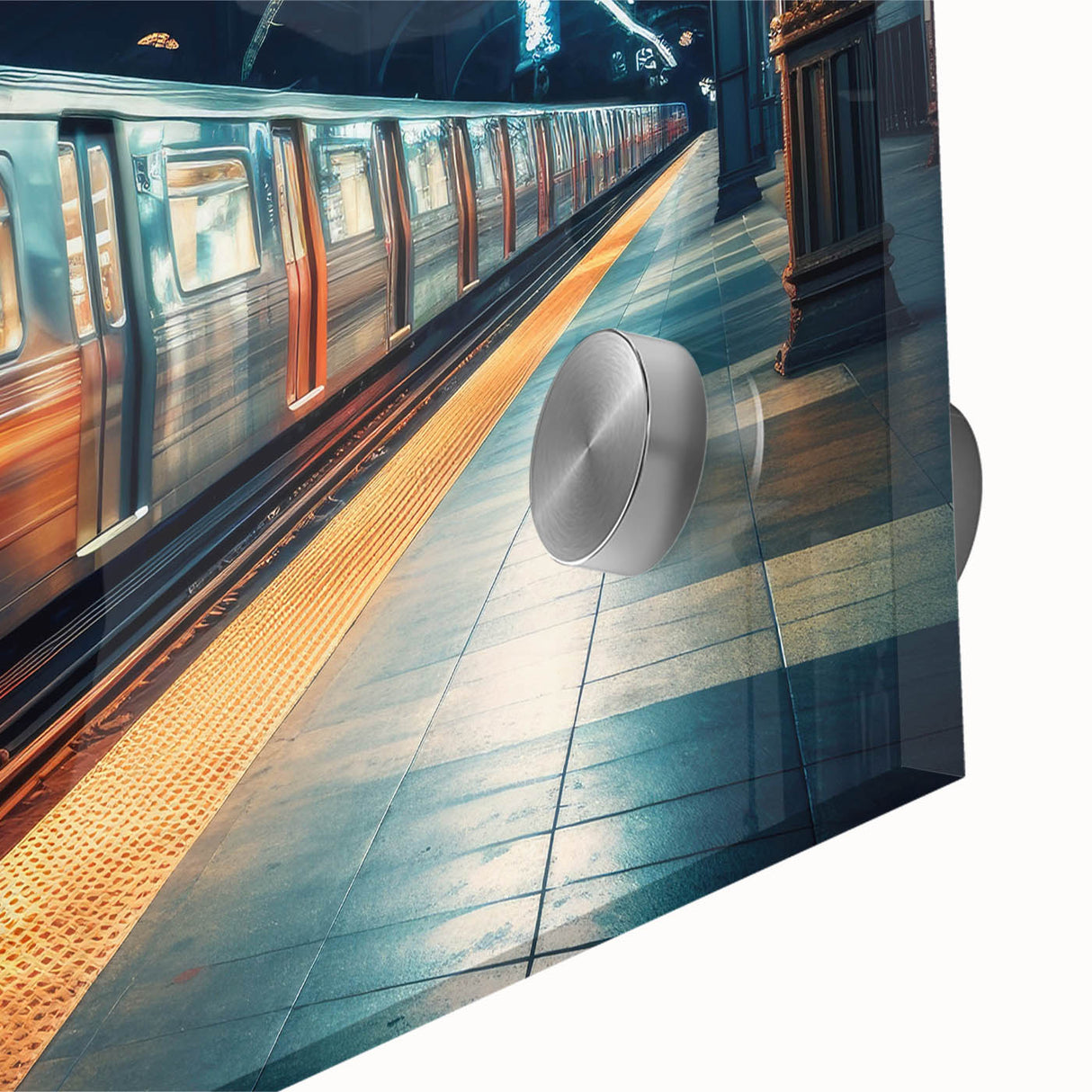 Large abstract depiction of a subway in muted gray and blue tones on acrylic glass.