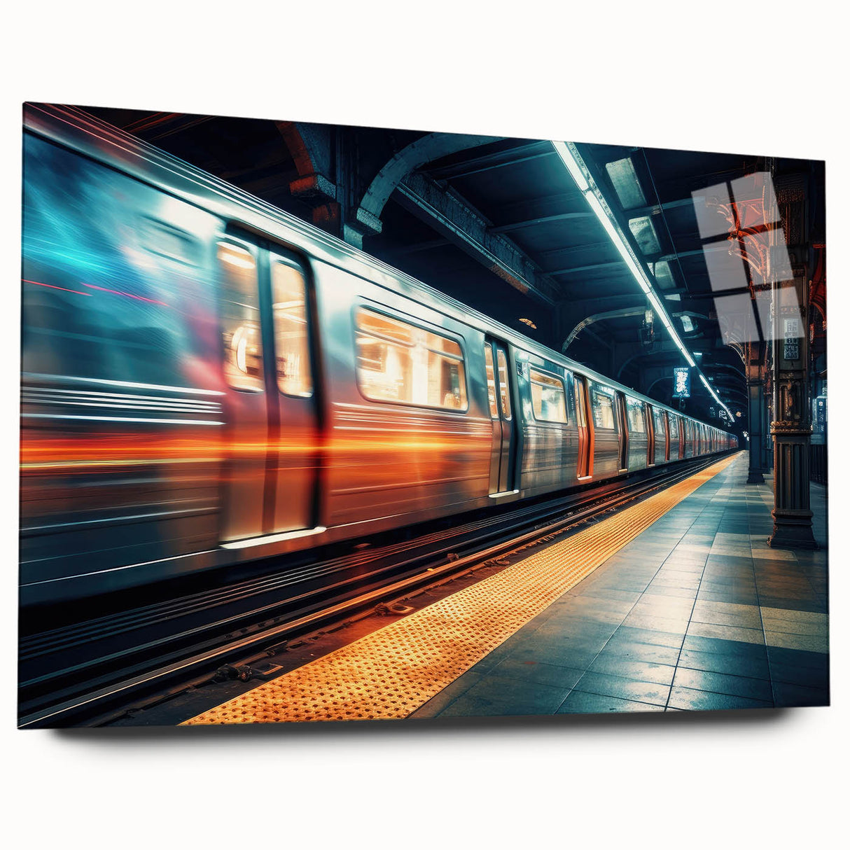Acrylic print of a large abstract subway design in muted grays and blues, ideal for bedroom or dining room art.