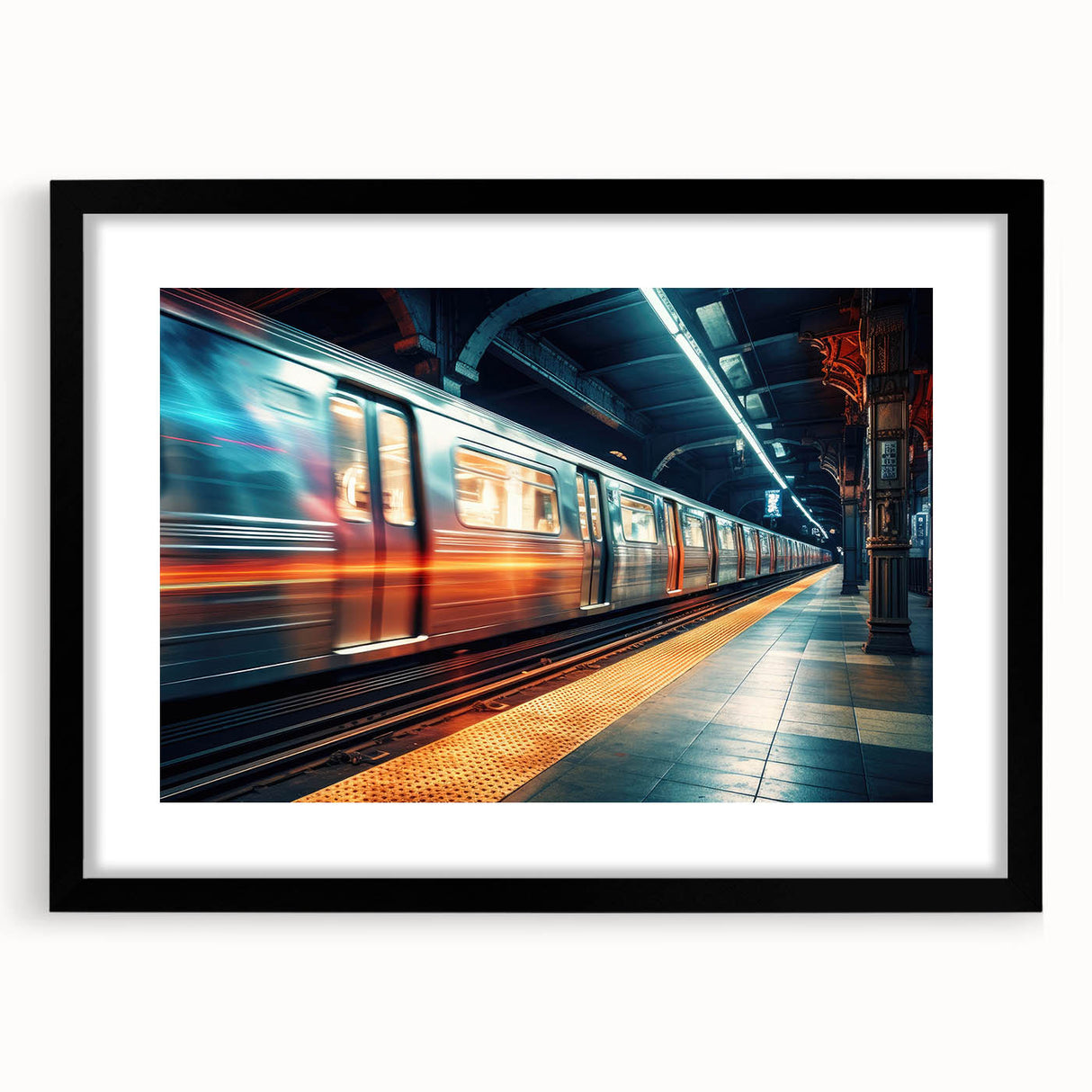 Extra large, colorful abstract art print featuring a textured subway design in vibrant hues on a black framed canvas.